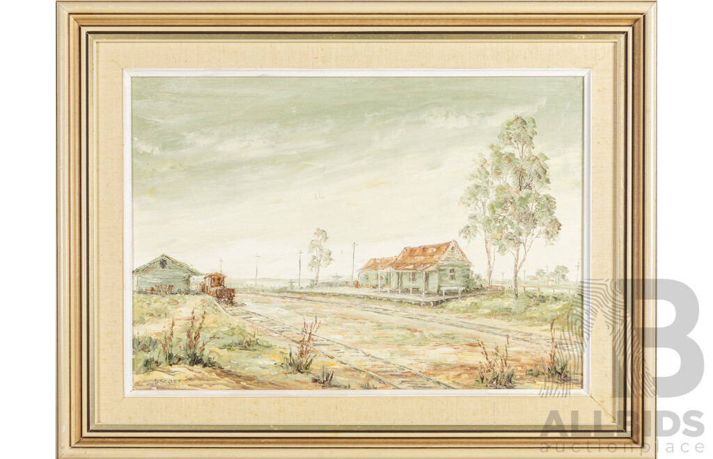 Doris Scott (20th Century, Australian), Typical Country Railway Station, Original Vintage Oil on Canvas Board and One Other, 51H x 67W cm (larger frame) (2)