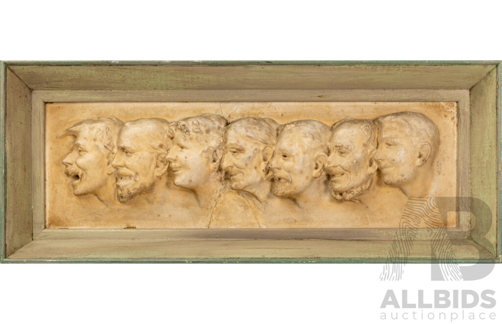 Artist Unknown (20th Century), the Seven Faces of Man (c1970s), Original Vintage Molded Cast Stone, 23H x 56W cm (frame)