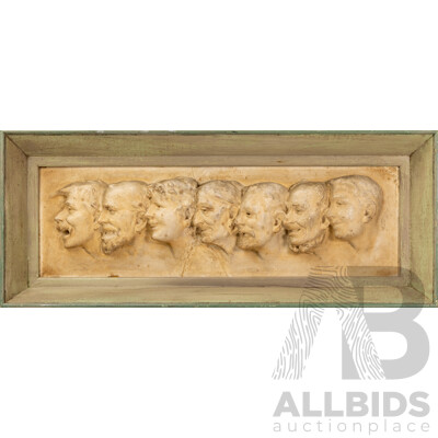 Artist Unknown (20th Century), the Seven Faces of Man (c1970s), Original Vintage Molded Cast Stone, 23H x 56W cm (frame)