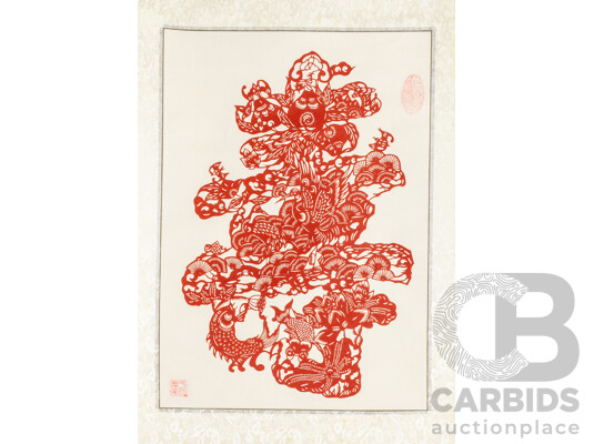 Artist Unknown (20th Century, Chinese), Longevity - Phoenix, Koi and Peonies, (c2000s), Original Red Paper Cut Scroll, 114H x 40W cm