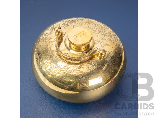 Zhang Xiao Quan Brand Tang Po Zi [Contemporary Reproduction of Traditional Chinese Hot Water Bottle], Dragon & Phoenix on Etched Brass Vessel, 9H x 15W cm (dimensions approx)