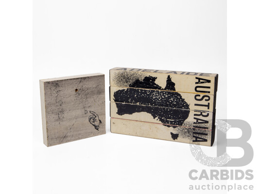 Artist Unknown (20th Century, Australian), Surfing the Waves & Australia Puzzle (x 4 Interchangeable Blocks), Mixed Media on Composite Wood Panels, 15H x 15W cm (Surfing Panel) (5)