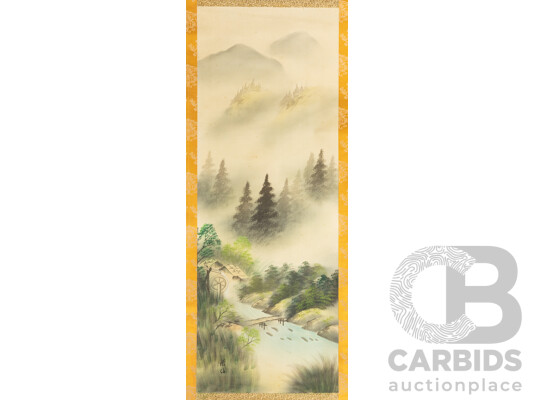 Kyosen (20th Century, Japanese), Misty Retreat at the Watermill (c1960s), Original Vintage Ink & Wash [Suibokuga with Danshoku] on Mulberry Paper with Silk Face Surround [Kenpon], 182H x 52W cm
