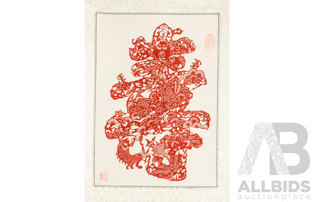 Artist Unknown (20th Century, Chinese), Longevity - Phoenix, Koi and Peonies, (c2000s), Original Red Paper Cut Scroll, 114H x 40W cm
