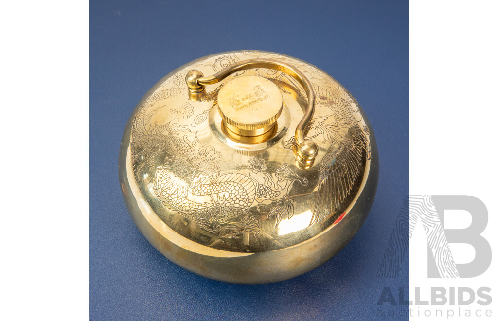 Zhang Xiao Quan Brand Tang Po Zi [Contemporary Reproduction of Traditional Chinese Hot Water Bottle], Dragon & Phoenix on Etched Brass Vessel, 9H x 15W cm (dimensions approx)