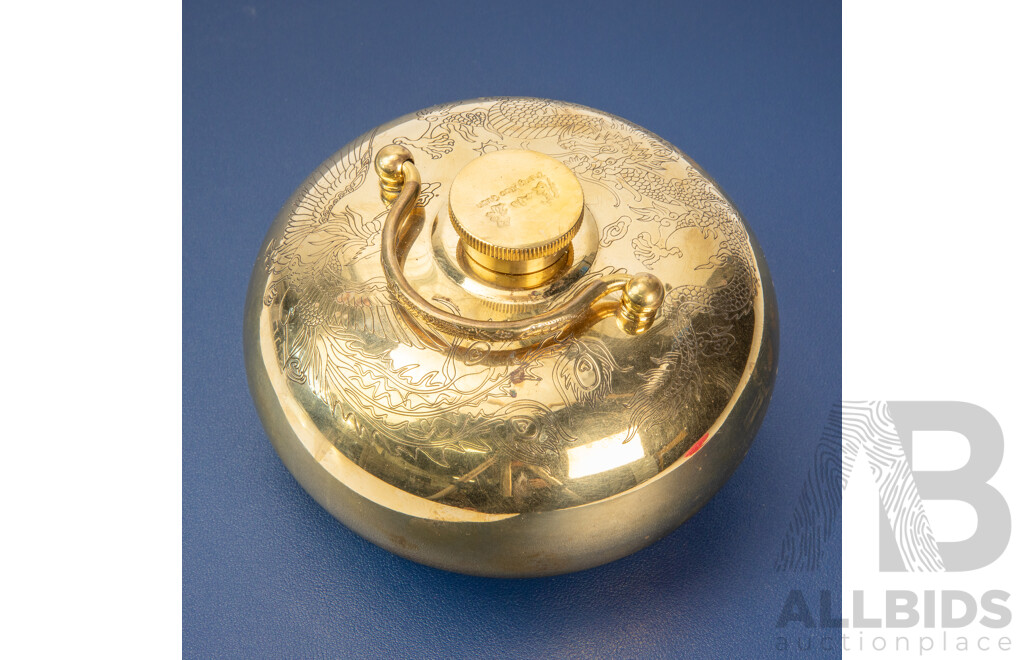 Zhang Xiao Quan Brand Tang Po Zi [Contemporary Reproduction of Traditional Chinese Hot Water Bottle], Dragon & Phoenix on Etched Brass Vessel, 9H x 15W cm (dimensions approx)