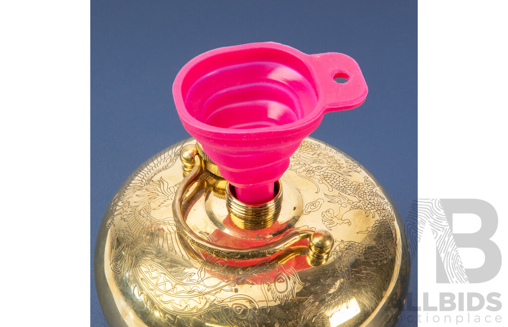 Zhang Xiao Quan Brand Tang Po Zi [Contemporary Reproduction of Traditional Chinese Hot Water Bottle], Dragon & Phoenix on Etched Brass Vessel, 9H x 15W cm (dimensions approx)