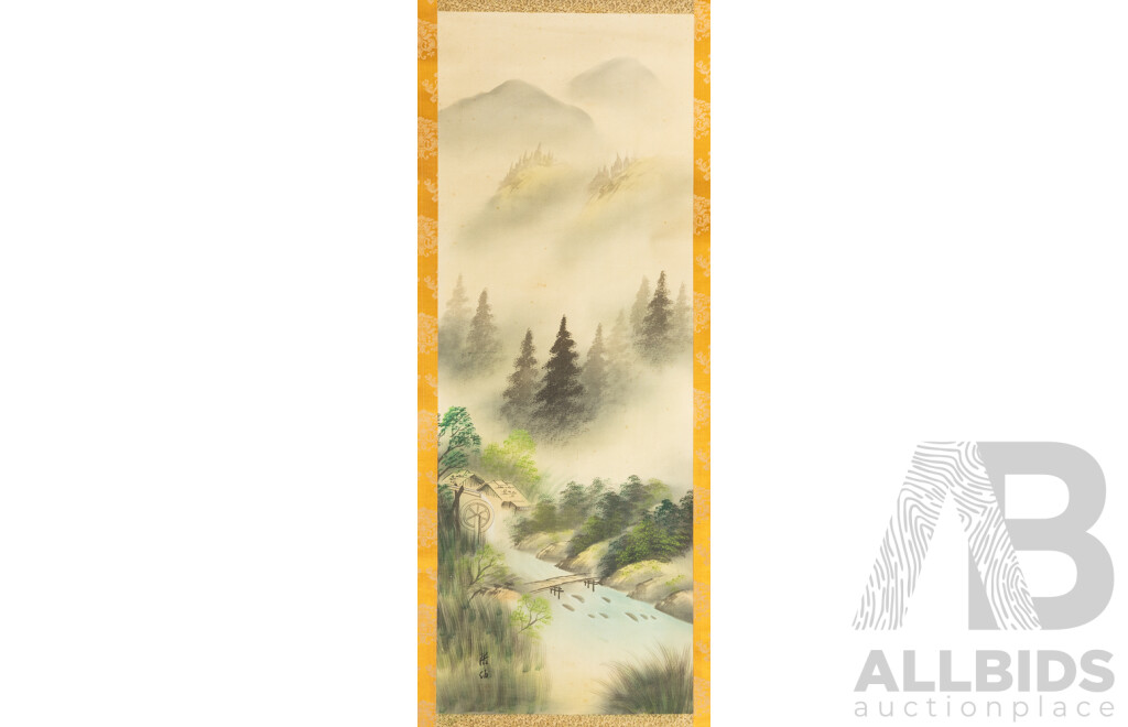 Kyosen (20th Century, Japanese), Misty Retreat at the Watermill (c1960s), Original Vintage Ink & Wash [Suibokuga with Danshoku] on Mulberry Paper with Silk Face Surround [Kenpon], 182H x 52W cm