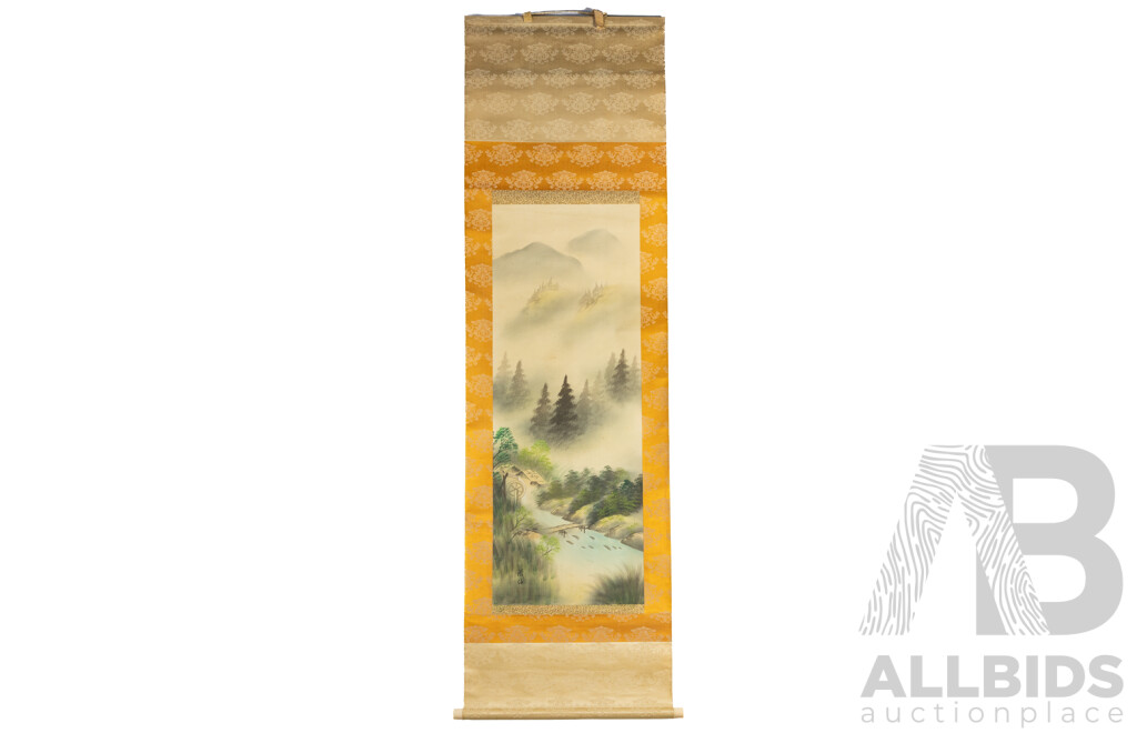 Kyosen (20th Century, Japanese), Misty Retreat at the Watermill (c1960s), Original Vintage Ink & Wash [Suibokuga with Danshoku] on Mulberry Paper with Silk Face Surround [Kenpon], 182H x 52W cm