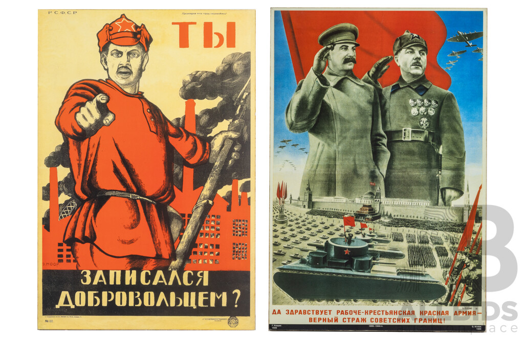 'Did You Sign Up as a Volunteer?' & 'Long Live the Workers', Pair of Great Soviet Commemorative Historical Portfolio Reprints Backed Onto Board, 60H x 39W cm (2)