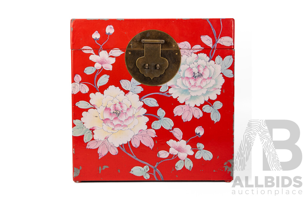 Beautiful Chinese Red Lacquer Dowry Chest, 38H x 38W x 38D cm (dimensions)