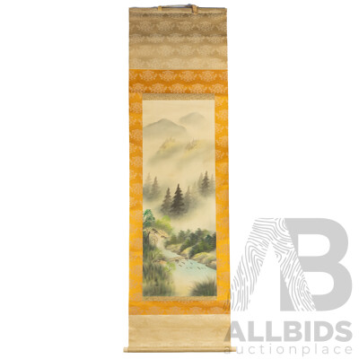 Kyosen (20th Century, Japanese), Misty Retreat at the Watermill (c1960s), Original Vintage Ink & Wash [Suibokuga with Danshoku] on Mulberry Paper with Silk Face Surround [Kenpon], 182H x 52W cm