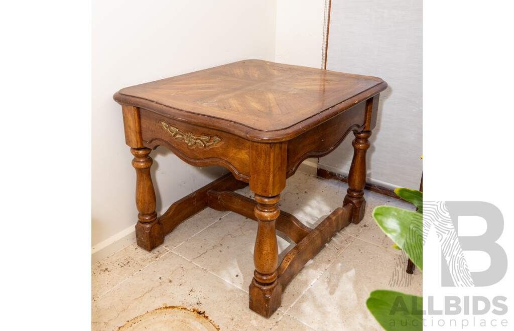 Vintage Elm Side Table with Marquetry Top