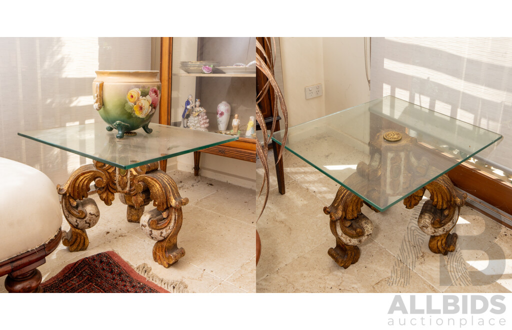 Pair of Italian Heavily Carved Gilt Timber Side Tables with Glass Tops