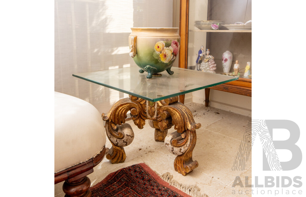 Pair of Italian Heavily Carved Gilt Timber Side Tables with Glass Tops