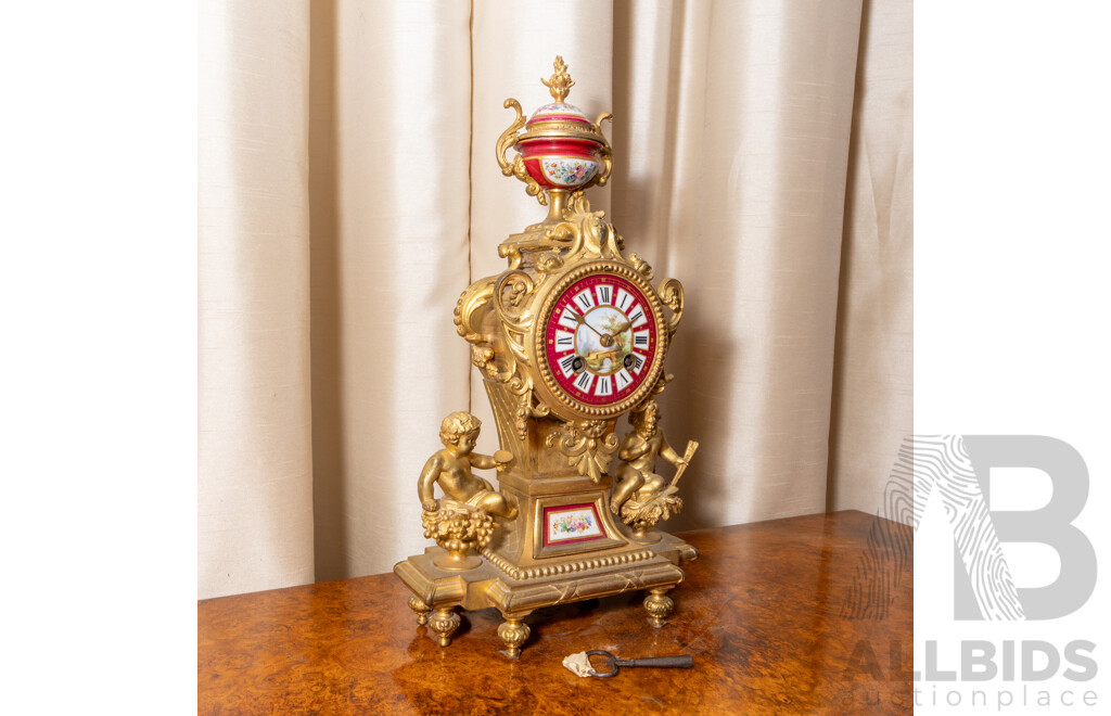 French Brass and  Porcelain Severs Mantel Clock