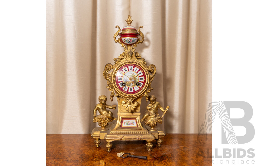 French Brass and  Porcelain Severs Mantel Clock