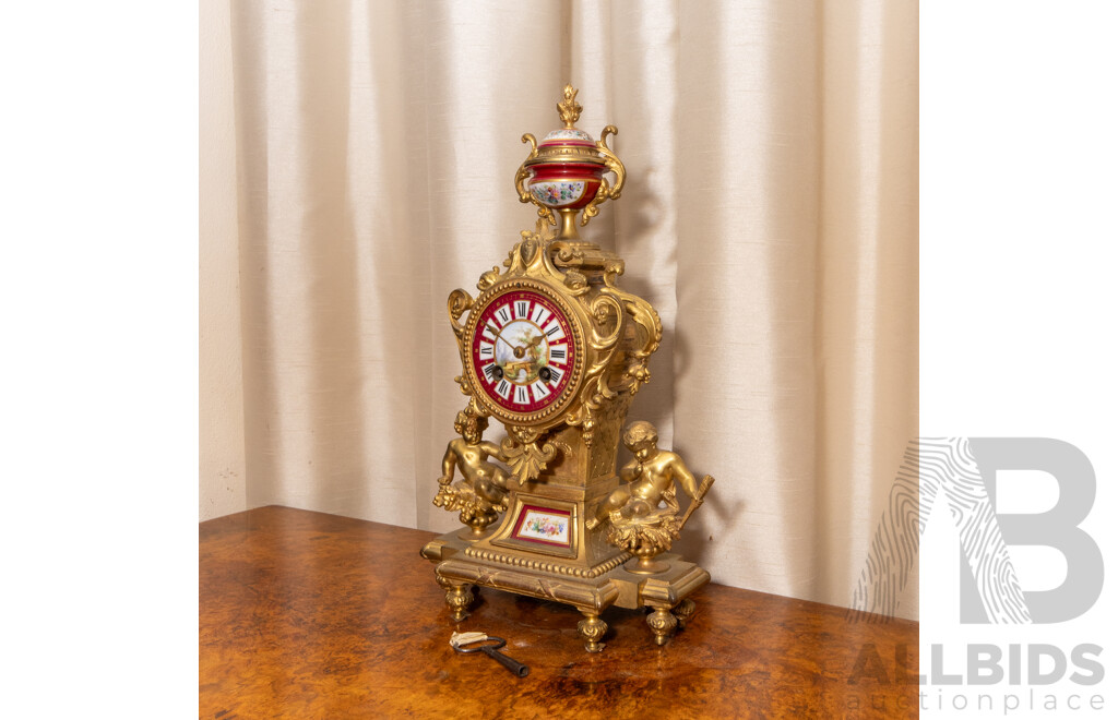 French Brass and  Porcelain Severs Mantel Clock