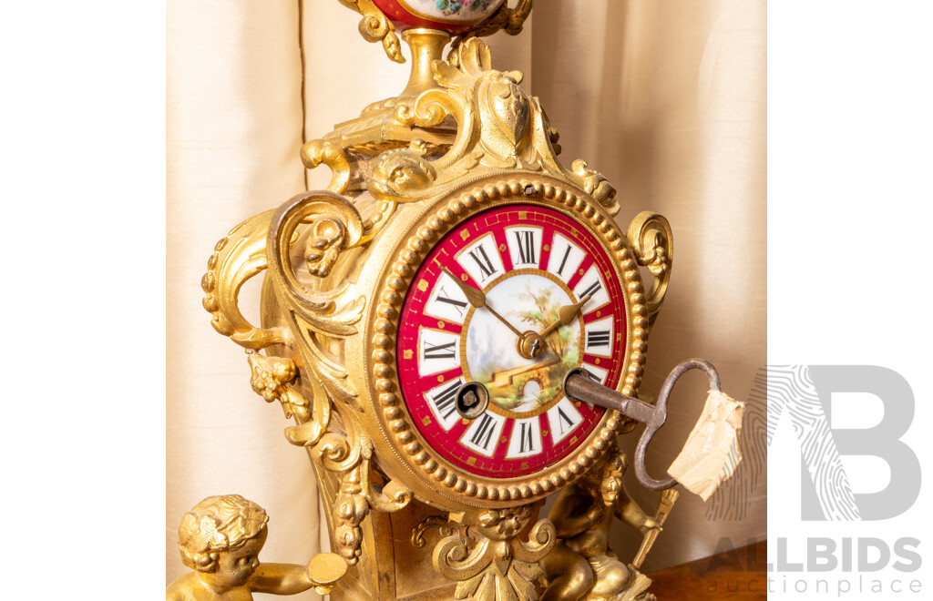 French Brass and  Porcelain Severs Mantel Clock