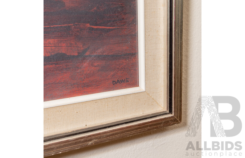 Lawrence Daws (20th Century, Australian, 1927-2025), Red Landscape (c1970s), Wonderful Original Oil on Board, 60H x 60W cm (frame)