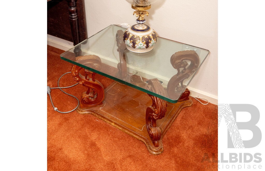 Heavily Carved Glass Top Side Table