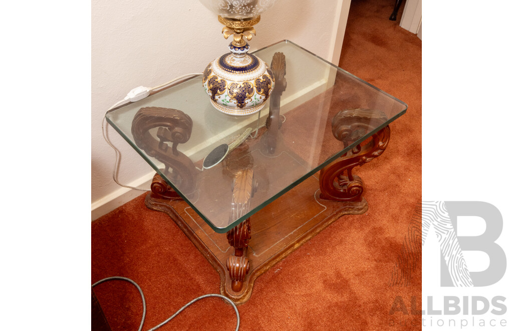 Heavily Carved Glass Top Side Table
