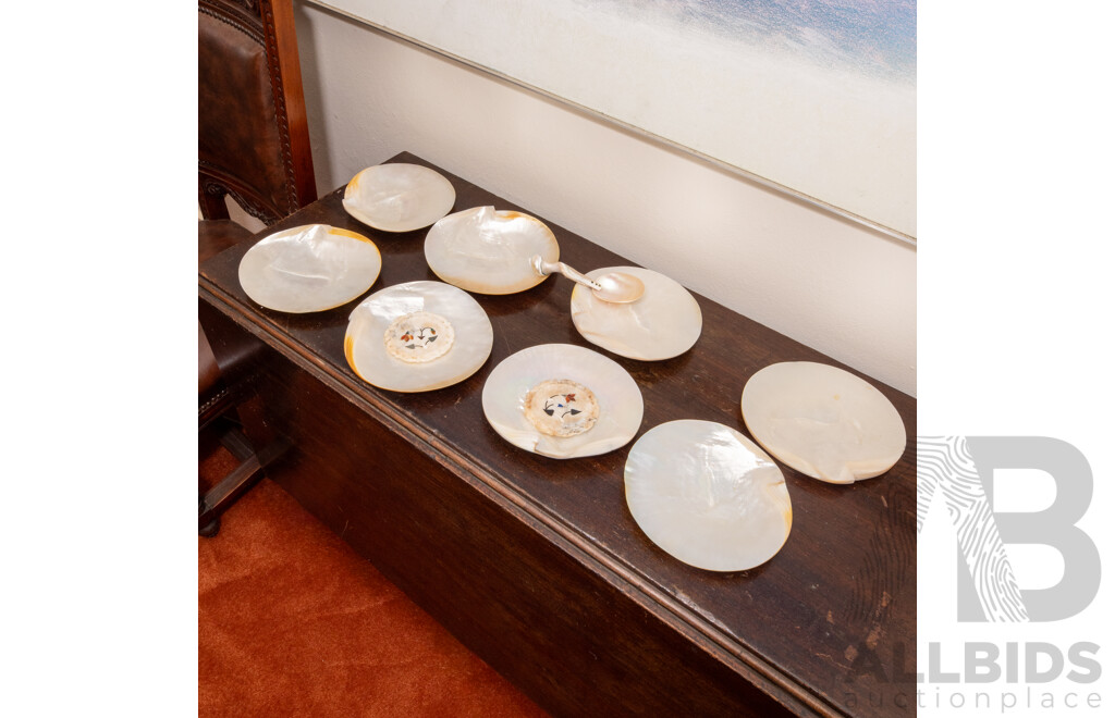 Collection of Eight South Sea Pearl Shell Plates with Ladle