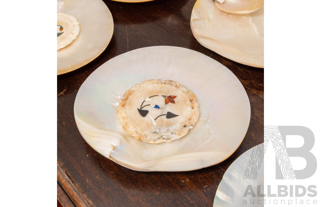 Collection of Eight South Sea Pearl Shell Plates with Ladle