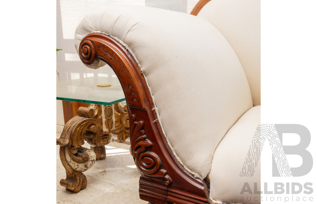 Victorian Mahogany Open Ended Chaise with Calico Upholstery