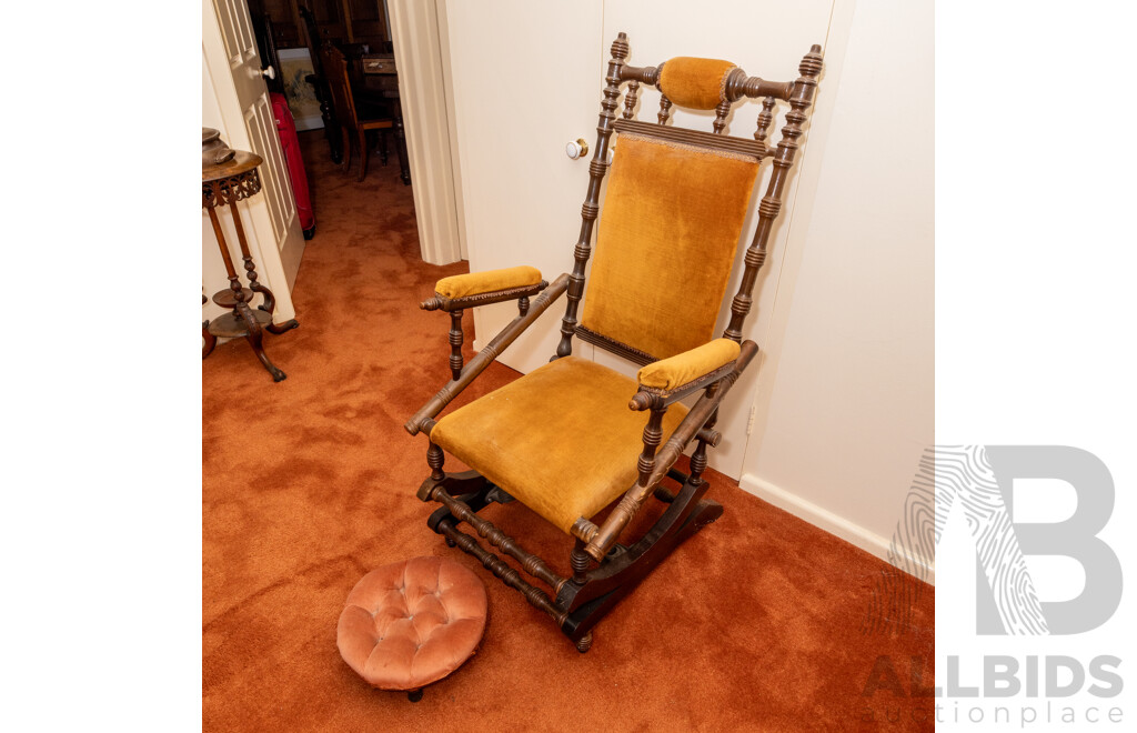 Vintage American Dexter Rocking Chair with Upholstered Seat and Back and Buttoned Footstool