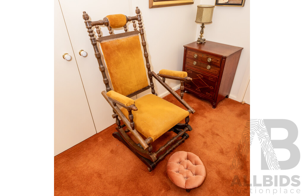 Vintage American Dexter Rocking Chair with Upholstered Seat and Back and Buttoned Footstool