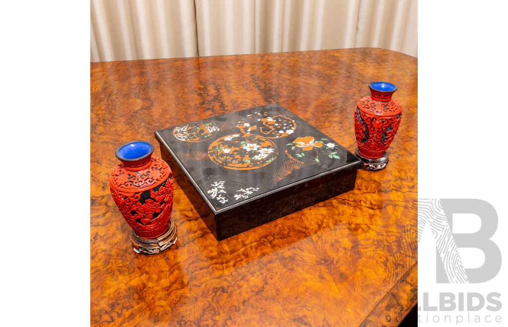 Pair of Vintage Chinese Cinnabar Style Vases with Lacquered Box