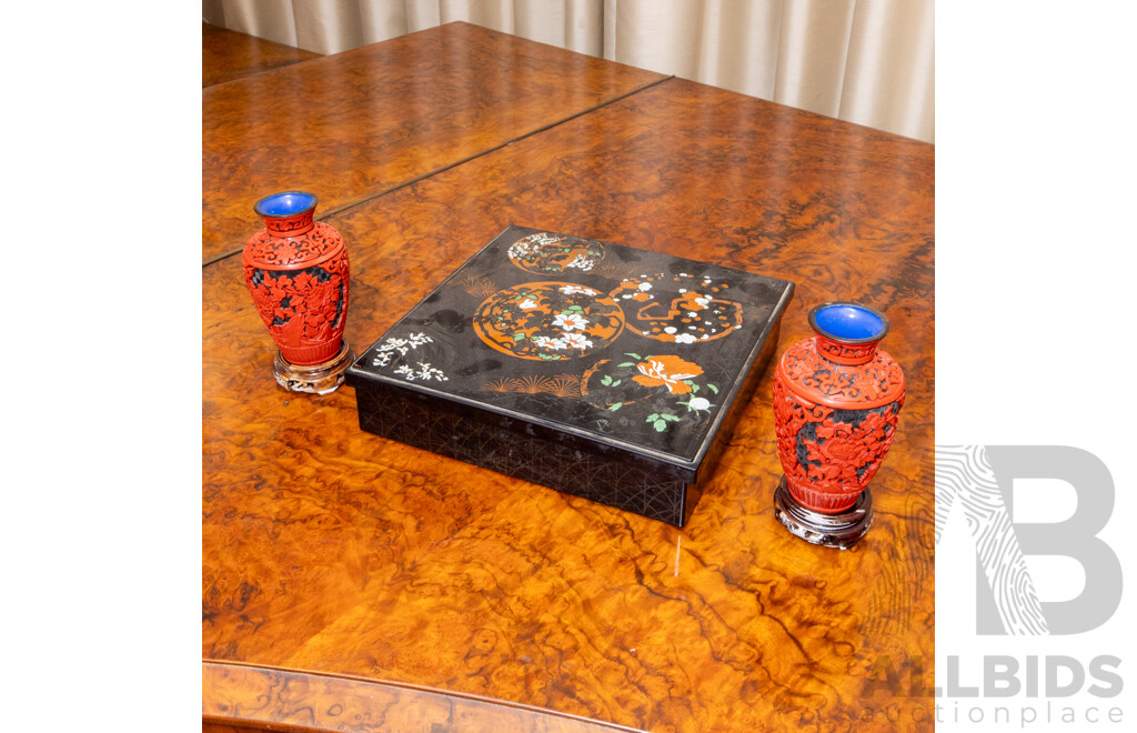 Pair of Vintage Chinese Cinnabar Style Vases with Lacquered Box
