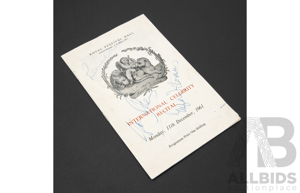 Royal Festival Hall Recital Booklet From 1961Signed by Isaac Stern, Eugene Istomin and Leonard Rose
