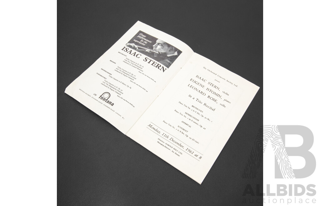 Royal Festival Hall Recital Booklet From 1961Signed by Isaac Stern, Eugene Istomin and Leonard Rose