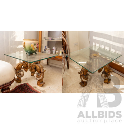 Pair of Italian Heavily Carved Gilt Timber Side Tables with Glass Tops