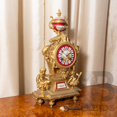 French Brass and  Porcelain Severs Mantel Clock