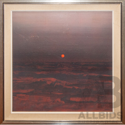 Lawrence Daws (20th Century, Australian, 1927-2025), Red Landscape (c1970s), Wonderful Original Oil on Board, 60H x 60W cm (frame)