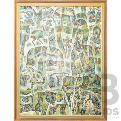 Rodney Milgate (20th Century, Australian, 1934-2014), Zoo Day 1972, Original Acrylic and Oil on Hardboard, 135H x 103W cm (frame)
