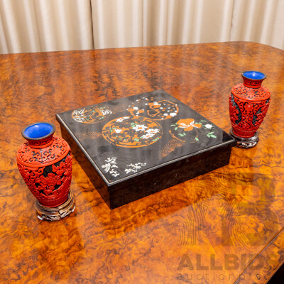 Pair of Vintage Chinese Cinnabar Style Vases with Lacquered Box