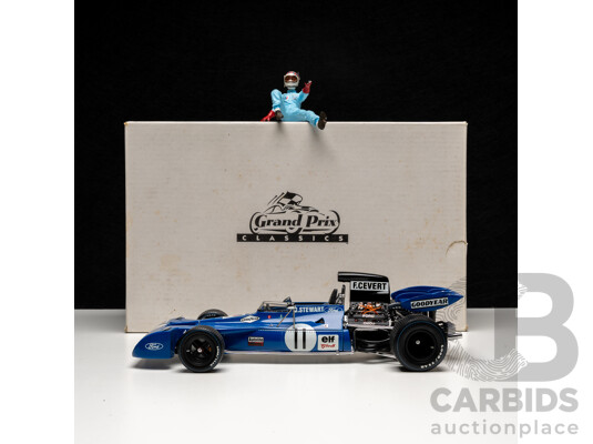 Exoto Grand Prix Classics 1971 Tyrrell Ford Type 003 with Jackie Stewart Figurine #11 Elf Blue 1:18 Scale Model Car