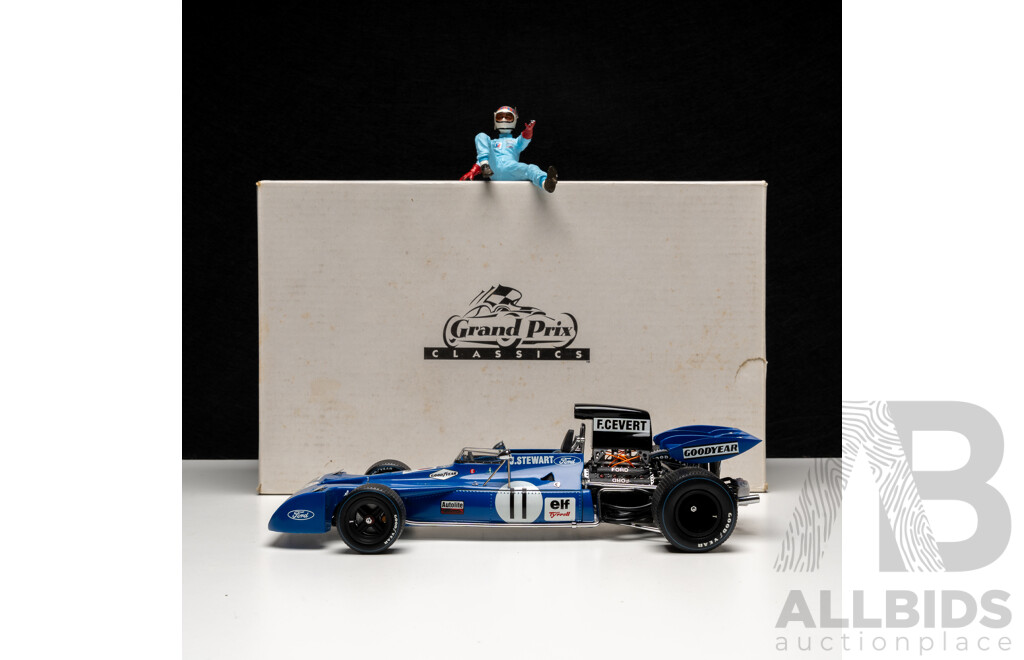 Exoto Grand Prix Classics 1971 Tyrrell Ford Type 003 with Jackie Stewart Figurine #11 Elf Blue 1:18 Scale Model Car