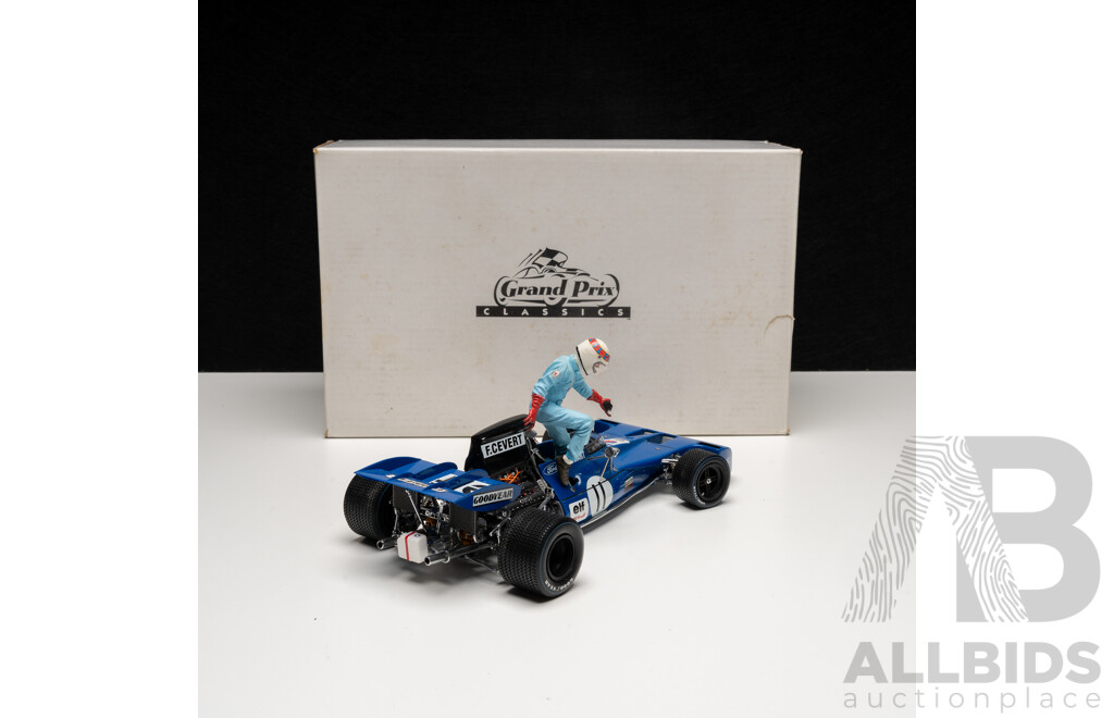 Exoto Grand Prix Classics 1971 Tyrrell Ford Type 003 with Jackie Stewart Figurine #11 Elf Blue 1:18 Scale Model Car