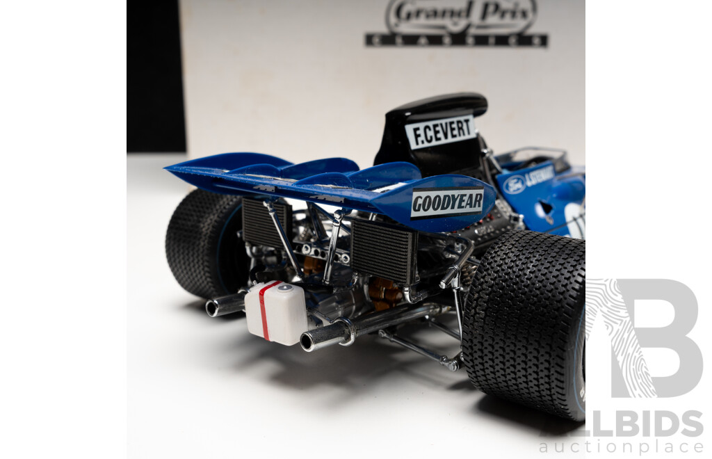 Exoto Grand Prix Classics 1971 Tyrrell Ford Type 003 with Jackie Stewart Figurine #11 Elf Blue 1:18 Scale Model Car