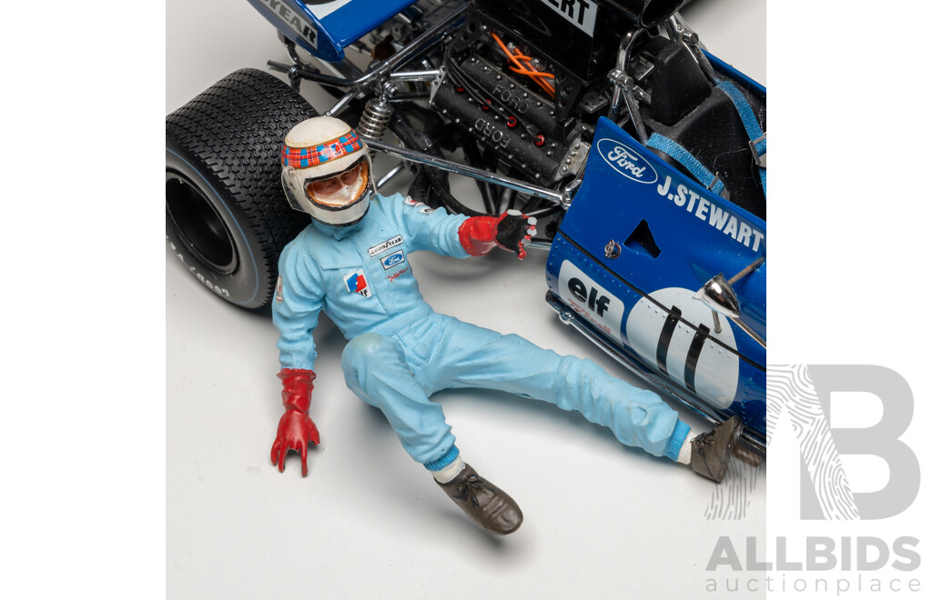 Exoto Grand Prix Classics 1971 Tyrrell Ford Type 003 with Jackie Stewart Figurine #11 Elf Blue 1:18 Scale Model Car