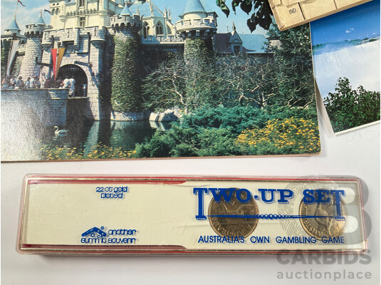 Australian 22ct God Plated Pennies Two Up Set, Collection of Vintage International Post Cards, Antique and Vintage Charity Pins and Badges, 1971 Disney Pictorial Souvenir..............