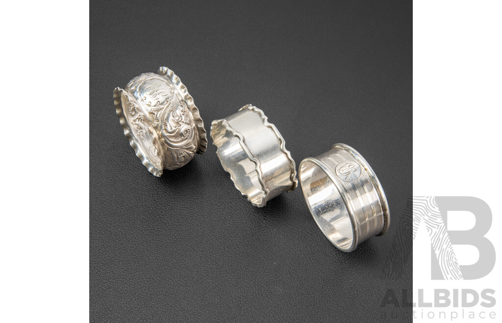 Three Sterling Silver Napkin Rings Including John Rose, Wilmot Manufacturing Co, Birmingham