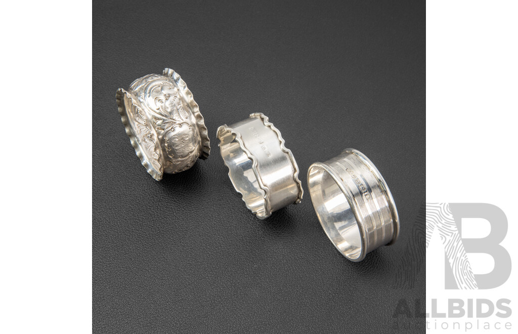 Three Sterling Silver Napkin Rings Including John Rose, Wilmot Manufacturing Co, Birmingham