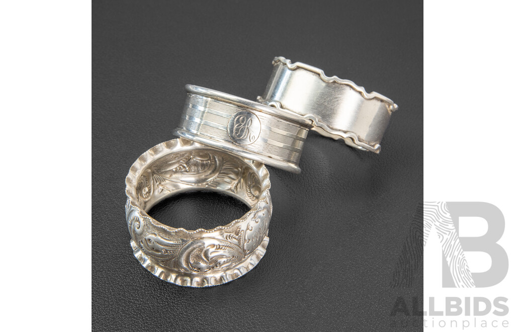 Three Sterling Silver Napkin Rings Including John Rose, Wilmot Manufacturing Co, Birmingham