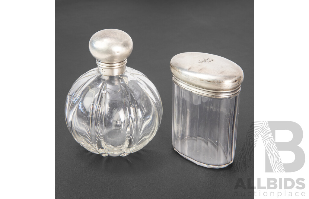 Antique Sterling Silver Bulbous Scent Bottle, Walker & Hall, Birmingham, 1906 and Powder Jar, Hardy Brothers, Birmingham, 1916